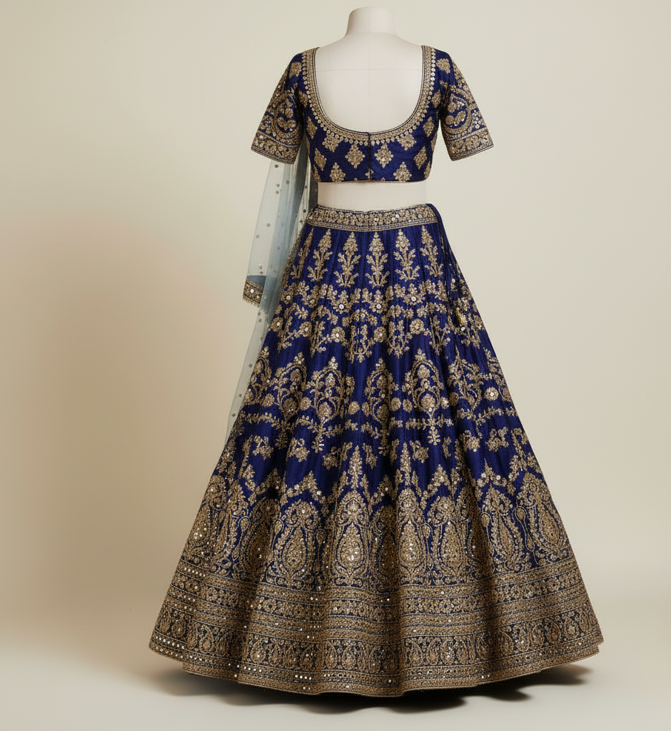 Navy Blue & Gold Embroidered Lehenga - Image 3