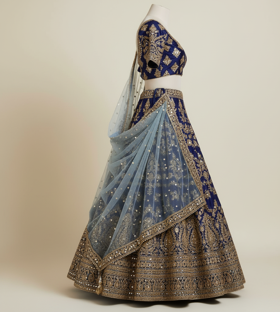 Navy Blue & Gold Embroidered Lehenga - Image 2