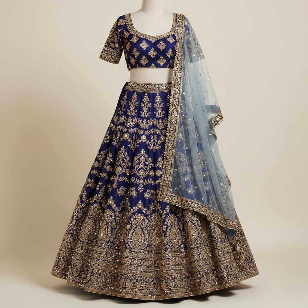 Navy Blue & Gold Embroidered Lehenga
